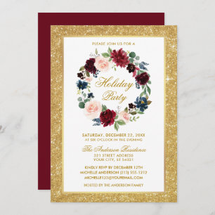 Watercolor Floral Gold Glitter Holiday Party Invitation