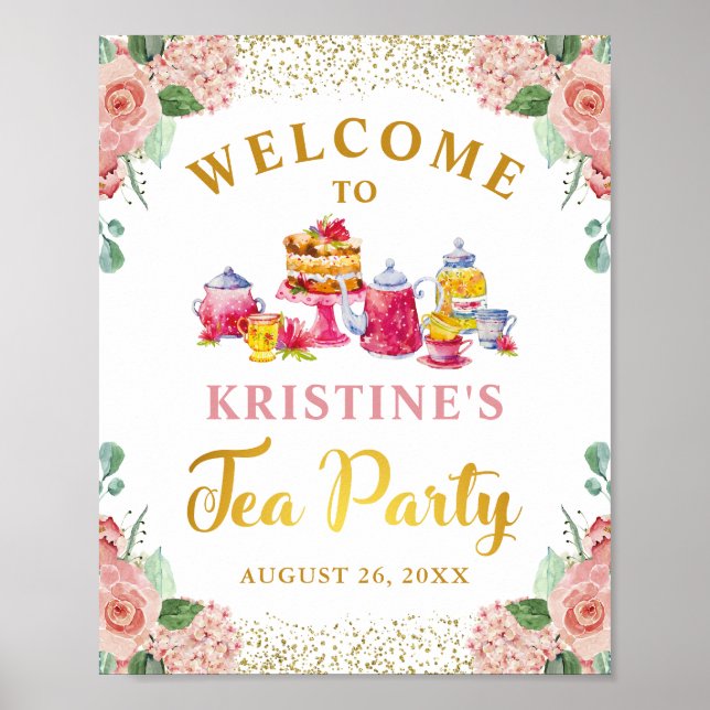 Watercolor Floral Gold Glitter Tea Party Welcome Poster (Front)