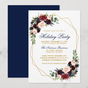 Watercolor Floral Gold Holiday Party Blue Invitation