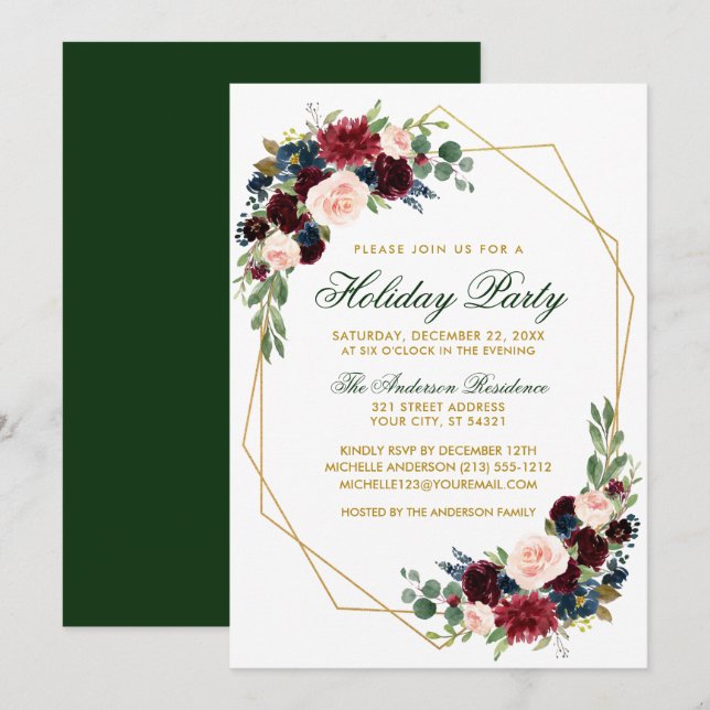 Watercolor Floral Gold Holiday Party Green Invitation (Front/Back)