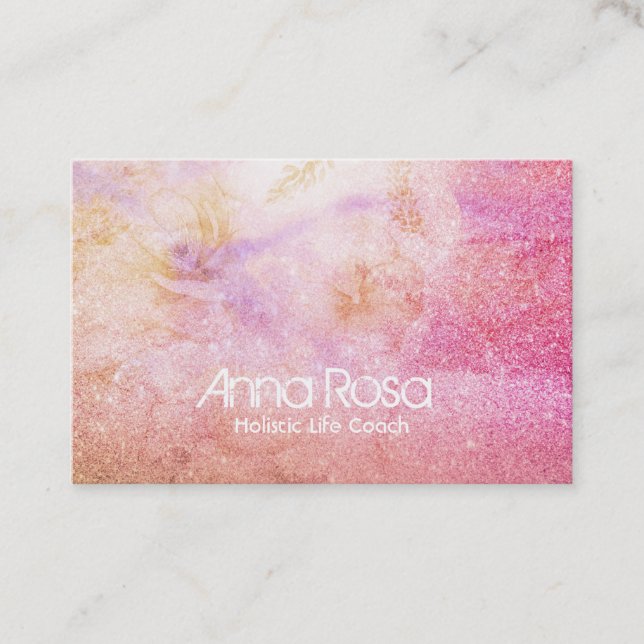 ** Watercolor Floral Gold Lavender Peach  Glitter Business Card (Front)
