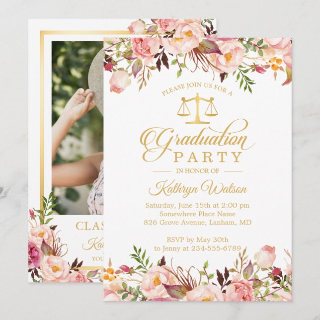 Watercolor Floral Gold Law School Graduation Photo Invitation (Front/Back)