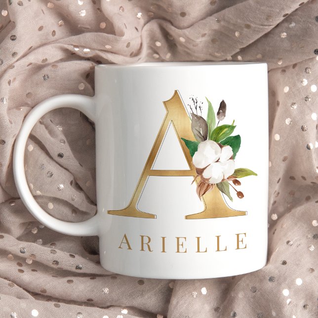 Watercolor Floral & Gold Letter A Monogram Coffee Mug (Creator Uploaded)