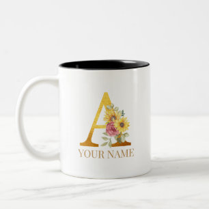 Watercolor Floral & Gold Letter A Monogram Two-To Two-Tone Coffee Mug