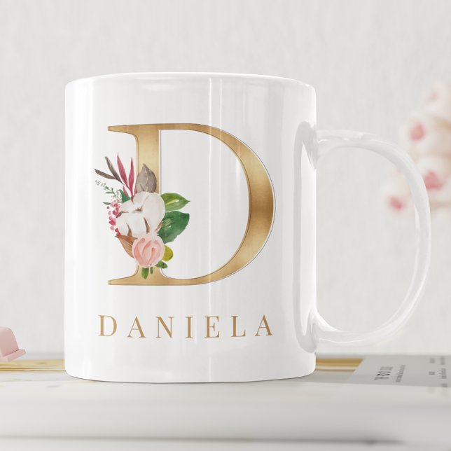 Watercolor Floral & Gold Letter D Monogram Coffee Mug (Creator Uploaded)