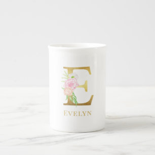 Watercolor Floral & Gold Letter E Monogram Bone China Mug