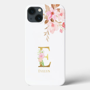 Watercolor Floral & Gold Letter E Monogram  iPhone 13 Case