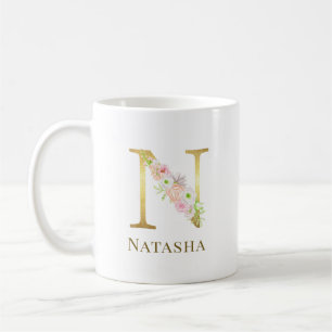 Watercolor Floral & Gold Letter E Monogram Coffee Mug