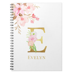 Watercolor Floral & Gold Letter E Monogram Notebook