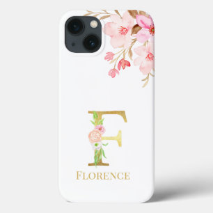 Watercolor Floral & Gold Letter F Monogram  iPhone 13 Case