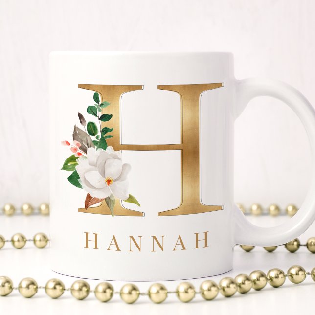Watercolor Floral & Gold Letter H Monogram Coffee Mug (Creator Uploaded)