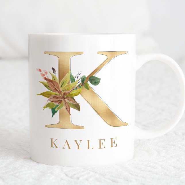 Watercolor Floral & Gold Letter K Monogram Coffee Mug (Creator Uploaded)