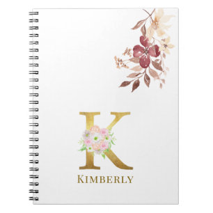 Watercolor Floral & Gold Letter K Monogram Notebook