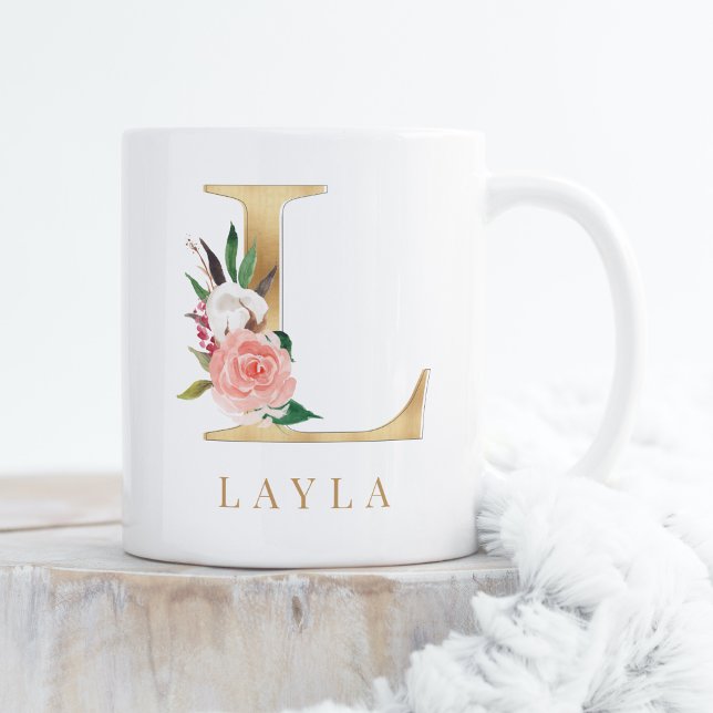 Watercolor Floral & Gold Letter L Monogram Coffee Mug (Creator Uploaded)