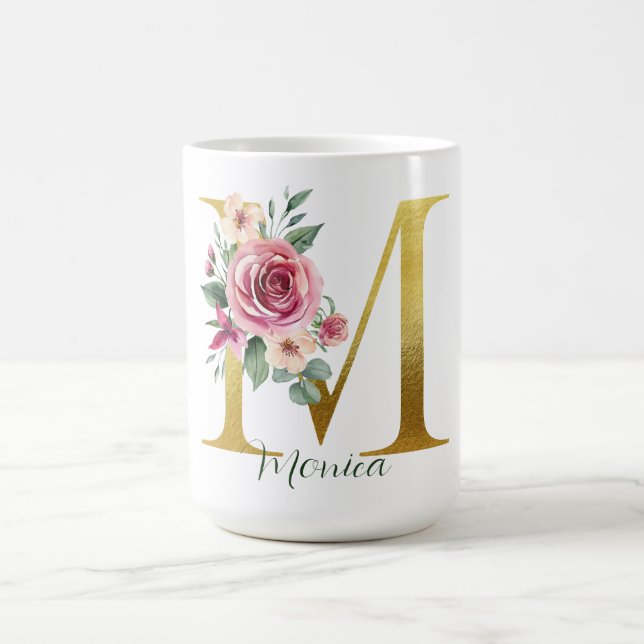  Watercolor Floral & Gold Letter M, Name Coffee Mug (Center)