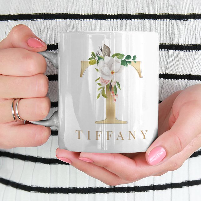 Watercolor Floral & Gold Letter T Monogram Coffee Mug (Creator Uploaded)