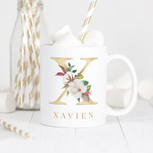 Watercolor Floral & Gold Letter X Monogram Coffee Mug