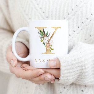 Watercolor Floral & Gold Letter Y Monogram Coffee Mug