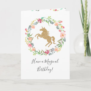 Watercolor Floral Gold Magical Unicorn Birthday Card