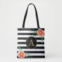 Watercolor Floral Gold Monogram Black White Stripe