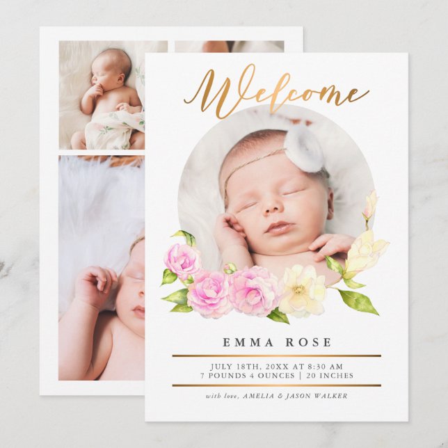 Watercolor Floral Gold Photo Birth Announcement (Front/Back)