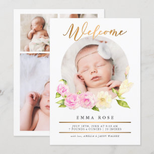 Watercolor Floral Gold Photo Birth Announcement