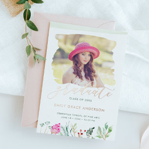 Watercolor Floral Gold Script Photo Graduation