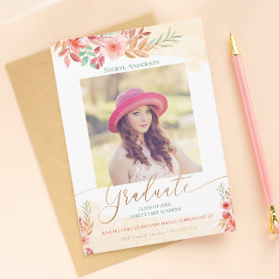 Watercolor Floral Gold Script Photo Graduation Announcement