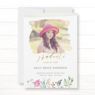 Watercolor Floral Gold Script Photo Graduation Announcement