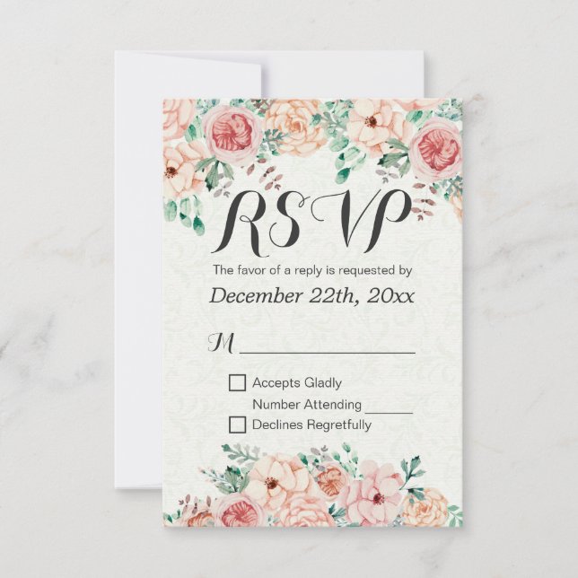 Watercolor Floral & Gold Script Wedding RSVP Reply Card (Front)