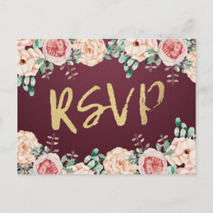 Watercolor Floral & Gold Script Wedding RSVP Reply Invitation Postcard