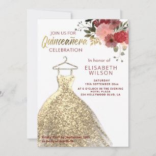 Watercolor Floral gold sequins dress Quinceañera I Invitation
