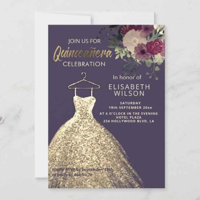 Watercolor Floral gold sequins dress Quinceañera I Invitation (Front)