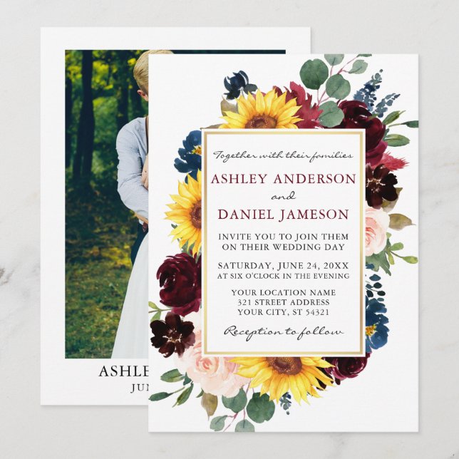 Watercolor Floral Gold Wedding Burgundy Photo Invitation (Front/Back)