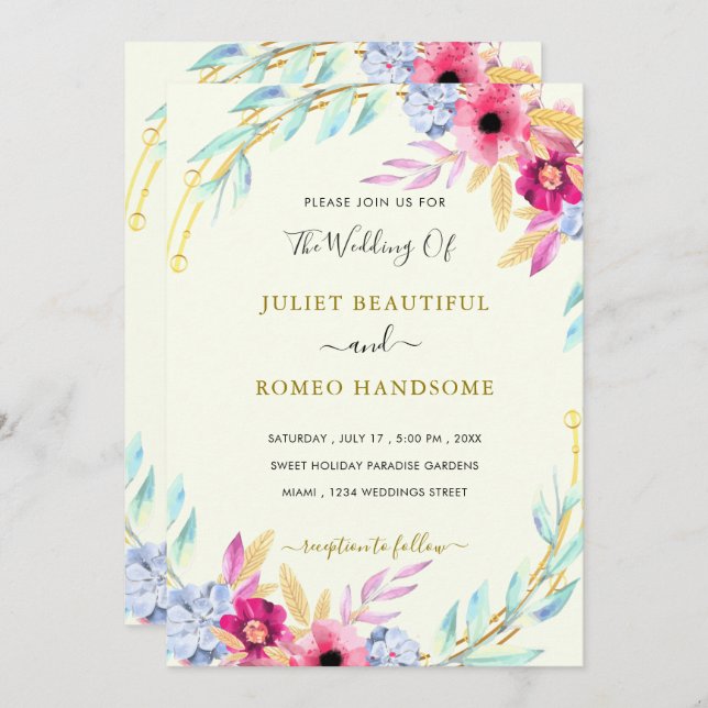 Watercolor Floral Gold Wedding Invitation Template (Front/Back)