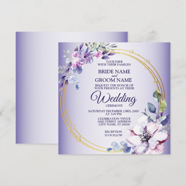 Watercolor Floral Golden Geometric Purple Wedding Invitation (Front/Back)