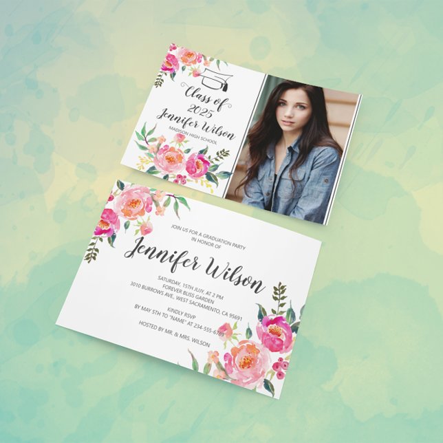 Watercolor Floral Grad Photo Graduation Party Invitation (Creator Uploaded)