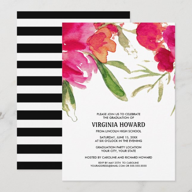 Watercolor Floral Graduation Party Invitation (Front/Back)