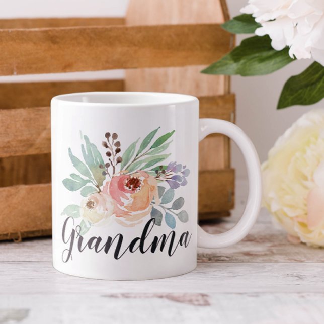 Watercolor Floral Grandma Large Coffee Mug (Personalized Floral Coffee My for Grandma or Mom)