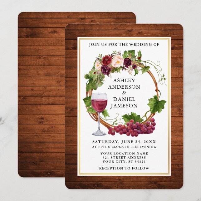 Watercolor Floral Grape Vines Wreath Wood Wedding Invitation (Front/Back)
