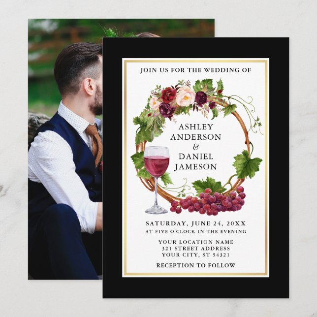 Watercolor Floral Grapes Wreath Black Gold Photo Invitation (Front/Back)
