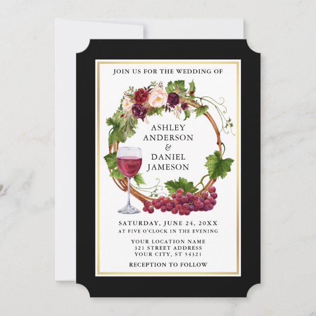 Watercolor Floral Grapes Wreath Black Gold Wedding Invitation (Front)