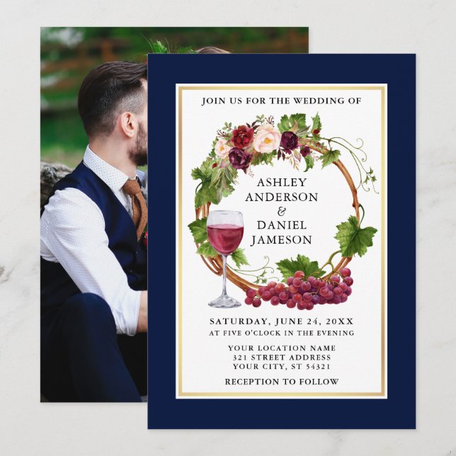 Watercolor Floral Grapes Wreath Photo Blue Wedding Invitation (Front/Back)