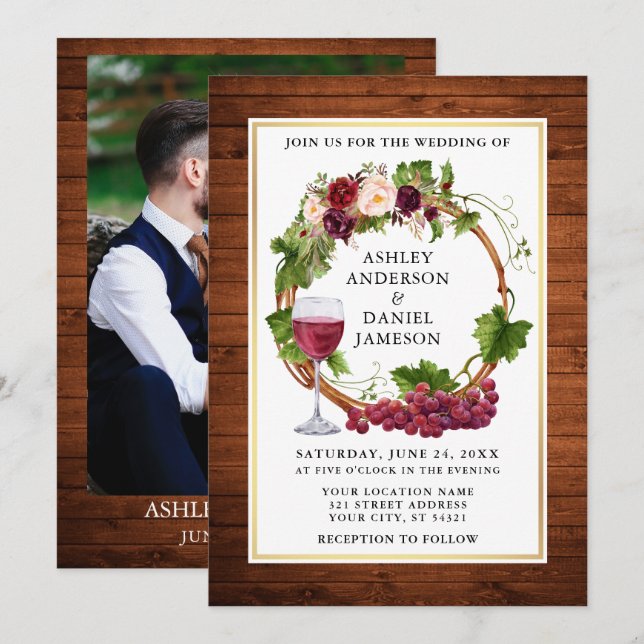 Watercolor Floral Grapes Wreath Photo Wood Wedding Invitation (Front/Back)