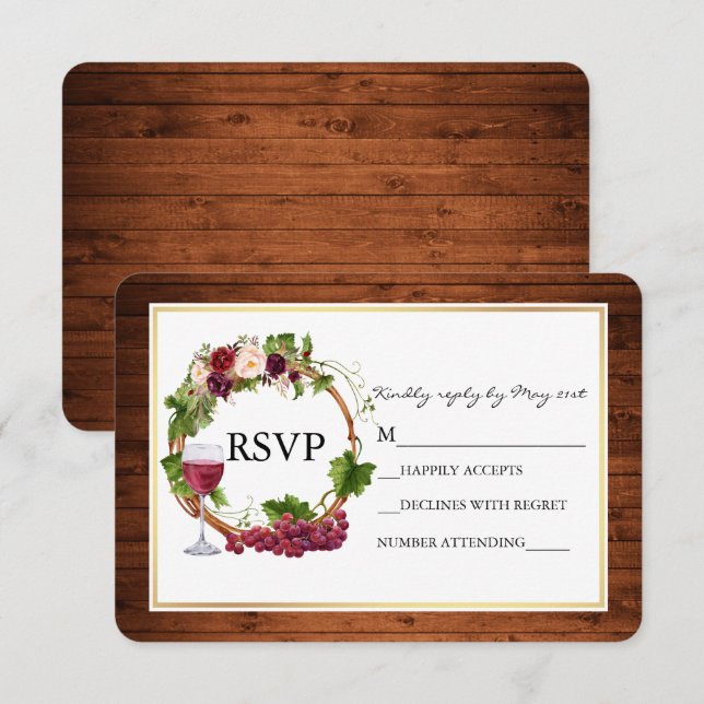 Watercolor Floral Grapes Wreath Wood Wedding RSVP Card (Front/Back)