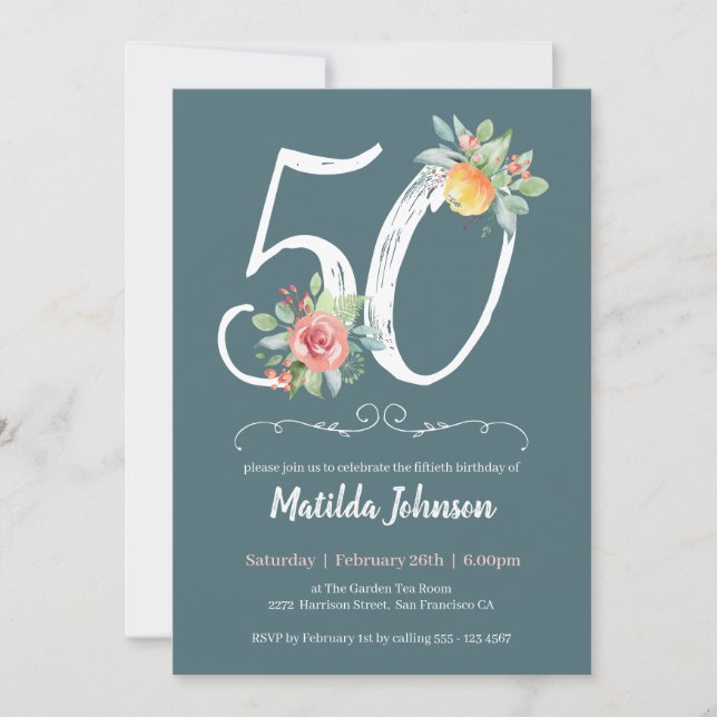 Watercolor Floral Green 50th Birthday Party  Invitation (Front)