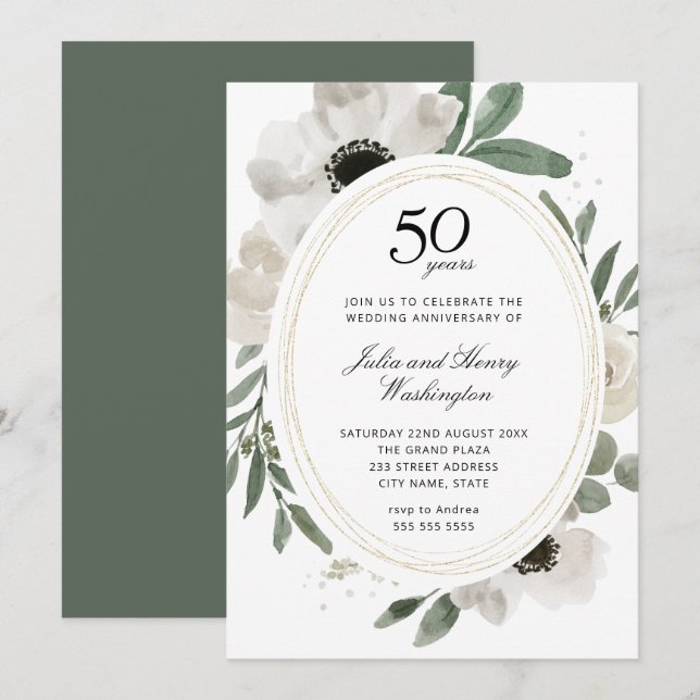 Watercolor Floral Green 50th Wedding Anniversary Invitation (Front/Back)