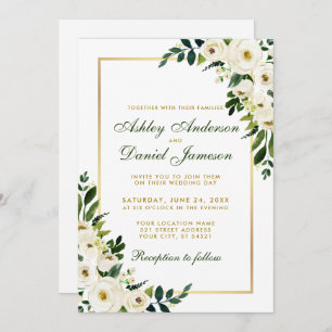 Watercolor Floral Green and Gold Photo Wedding Invitation