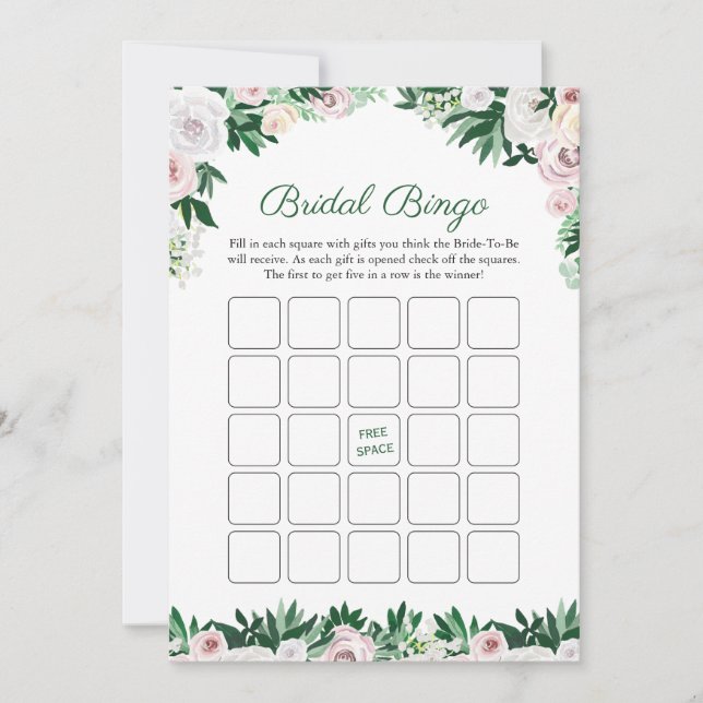 Watercolor Floral Green Bridal Shower Bingo Game Invitation (Front)