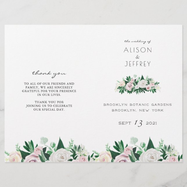 Watercolor Floral Green Folded Wedding Program (Front)